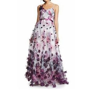 MARCHESA NOTTE Lilac Purple 3D Floral Stain Applique Pleated Tulle Gown